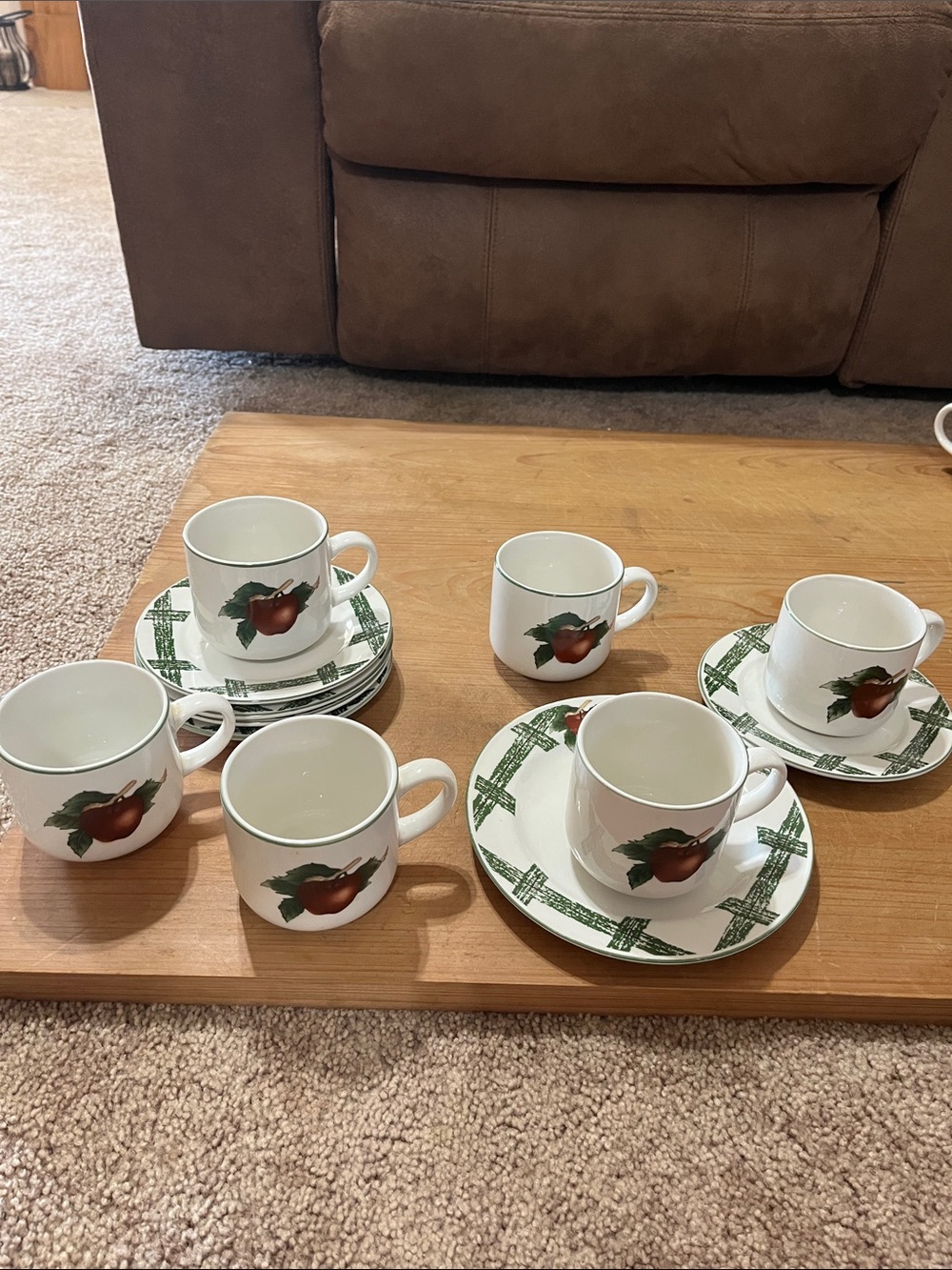 White Ceramic Apple Accent Teacup and Saucer Set - 6 cups, 5 saucers, 1 dessert